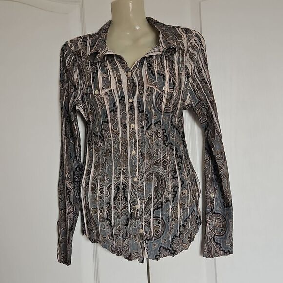 Komarov Pleated Button-Down Long Sleeves Shirt Small Blue/Cream - Picture 2 of 16